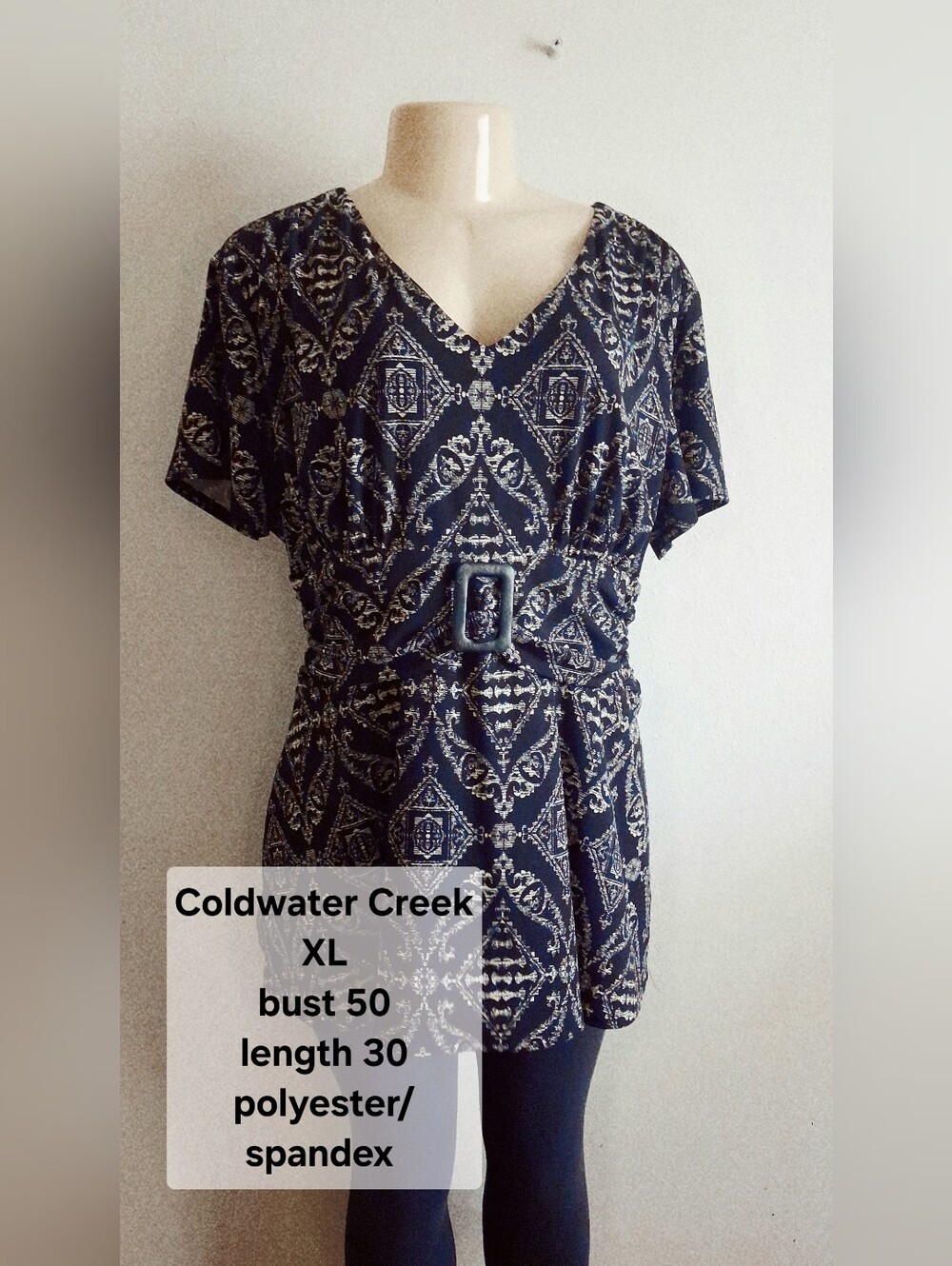 Coldwater Creek Navy Patterned V-Neck Belted Top